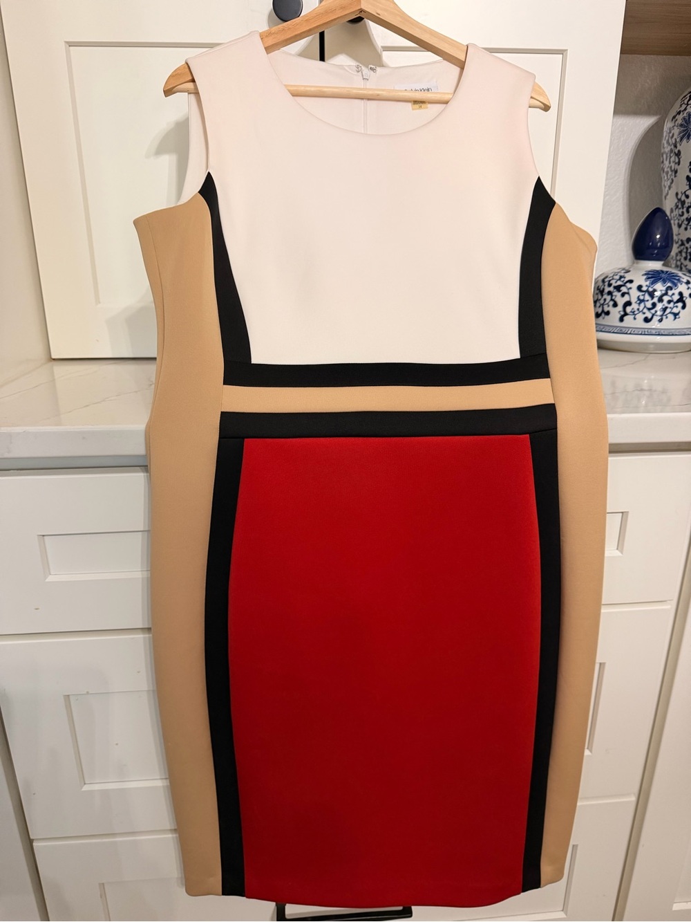 Calvin Klein Red, Beige & Ivory Colorblock Sheath Dress
